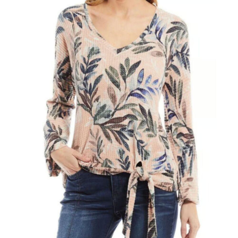 Democracy Blouse L Women's Pink Leaf Print Waffle Knit Vneck Tie Hem Long Sleeve